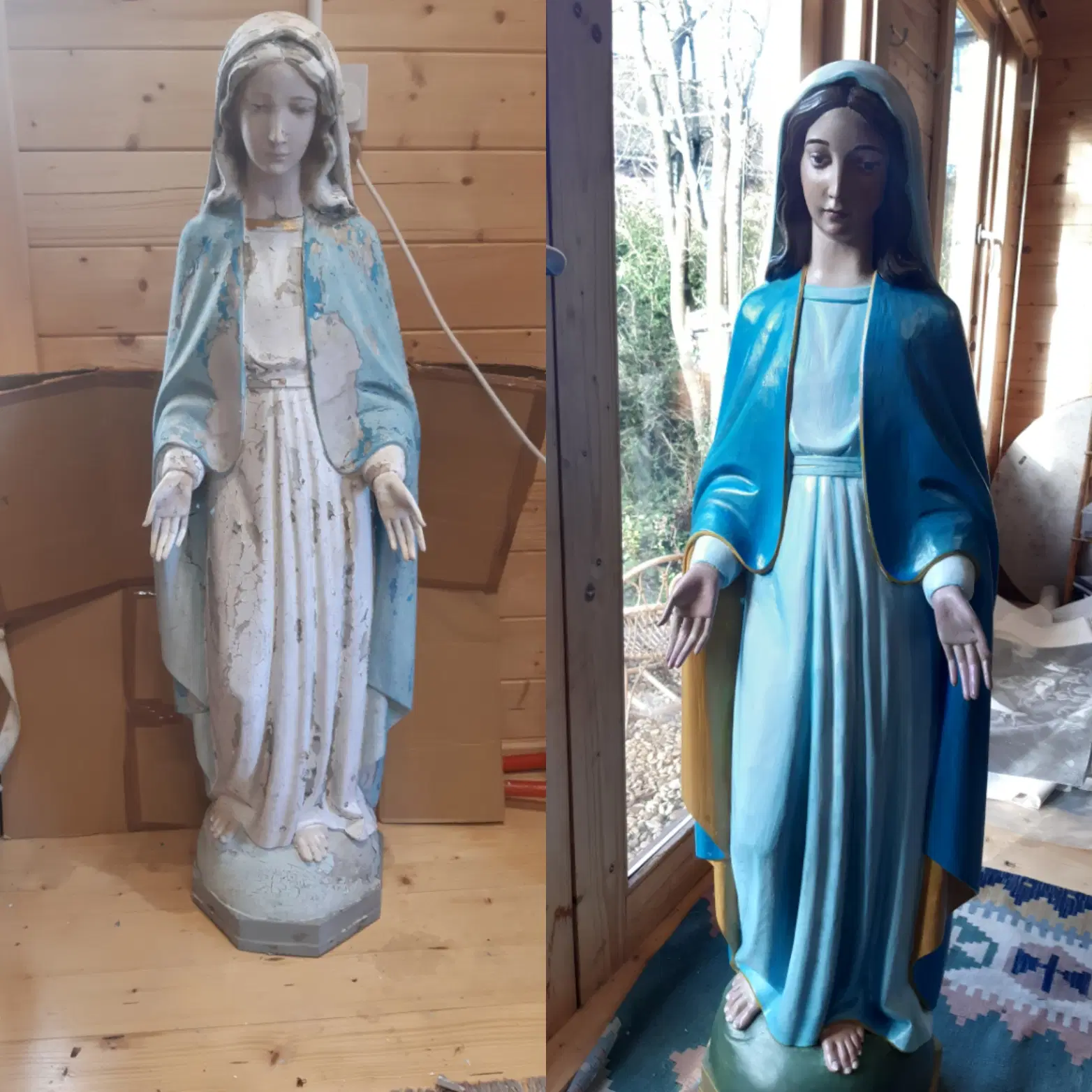 Before and after comparison of Our Lady, with cracked faded paint before restoration and deep blue and gold after.