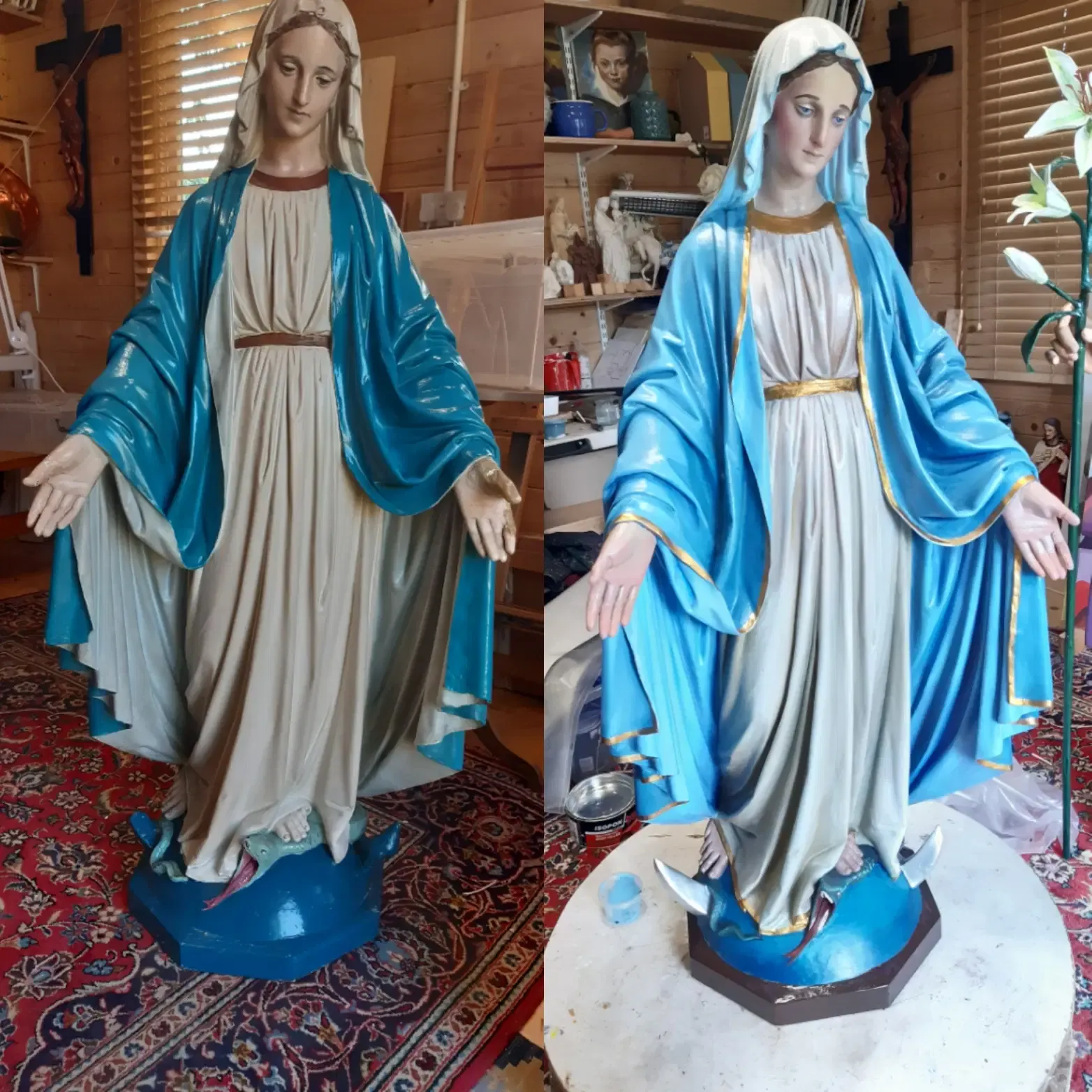 Before and after: an Our Lady of Grace statue with original colours matched and refreshed.