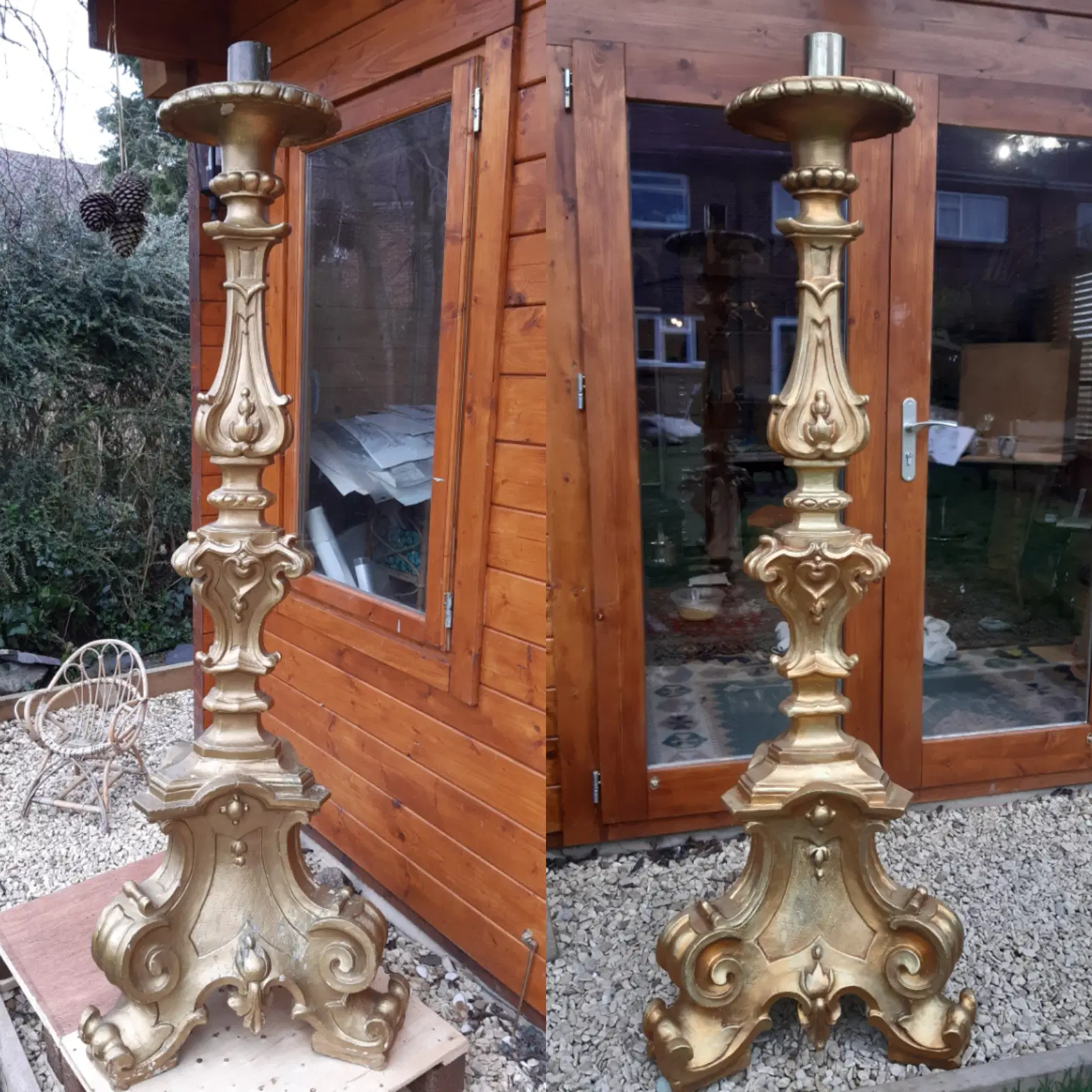 Before and after comparison of a Paschal candlestick, stripped back and repaired before hand gilding.