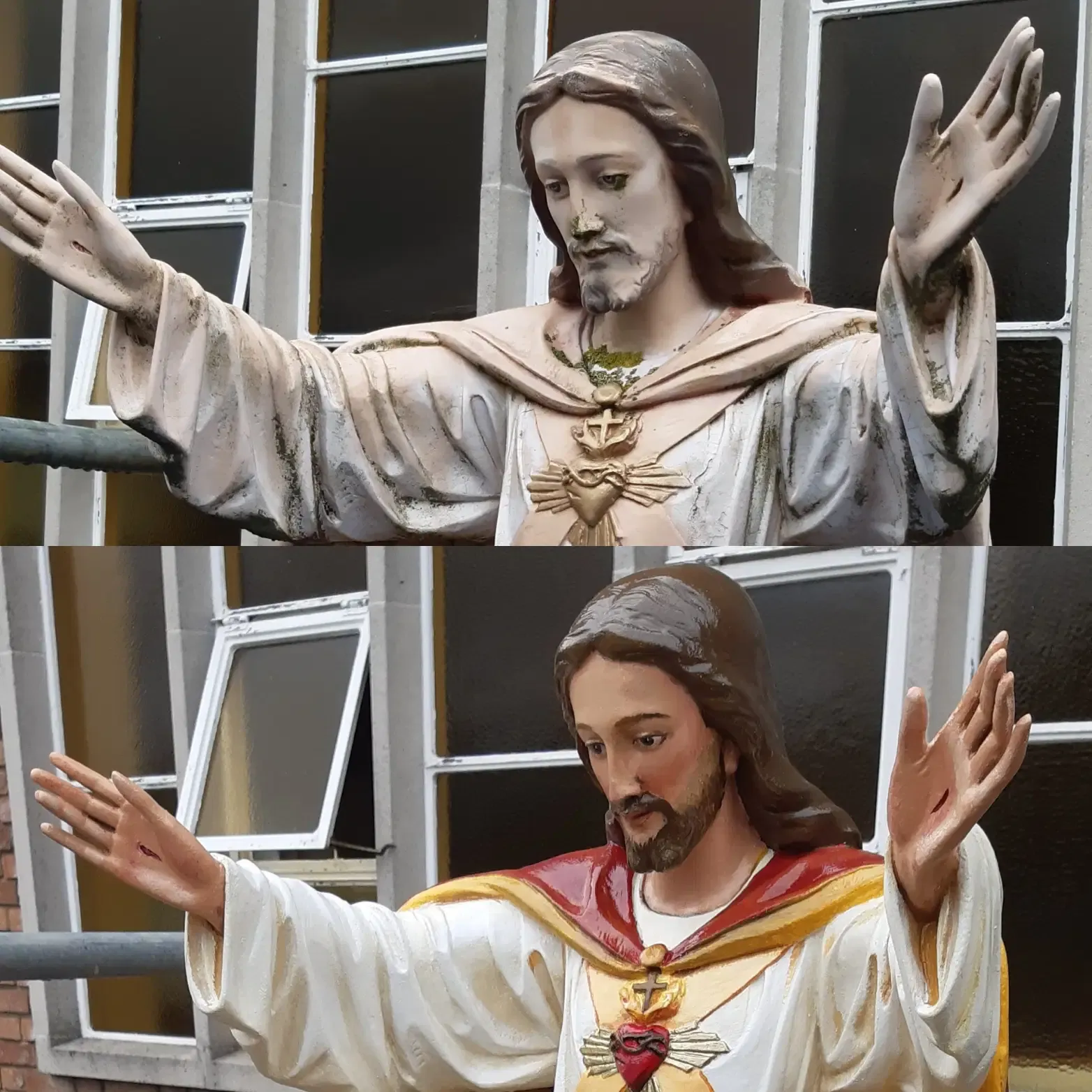 Before and after: a Sacred Heart of Jesus statue restored and hand-painted with gold-leaf detail.