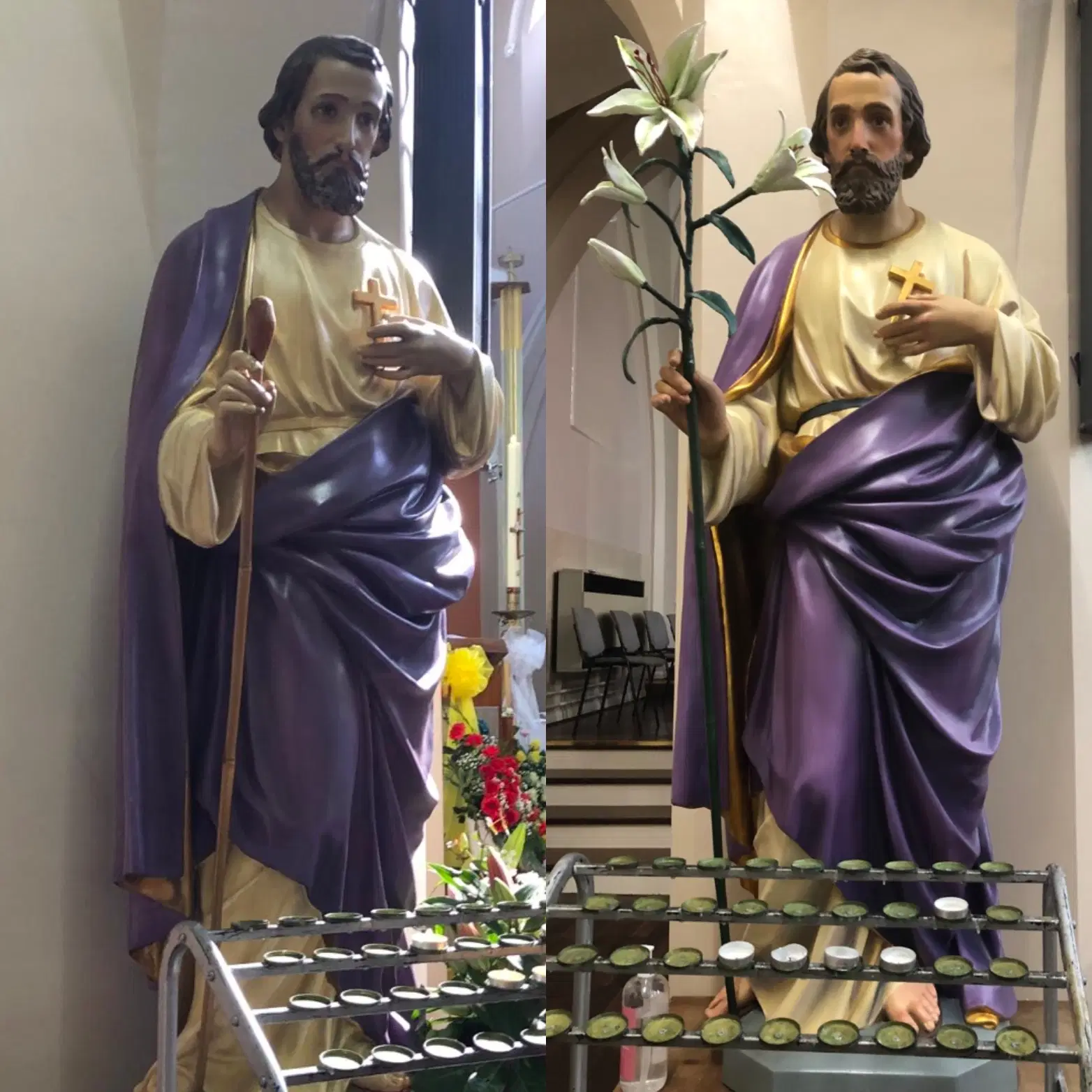Before and after comparison of Saint Joseph, with a broken staff before restoration and a lily after.